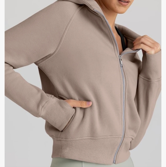 Trendy Queen Womens Zip-Up Hoodie Cropped Sweatshirt Fleece Color Coffee Tan - Picture 4 of 5